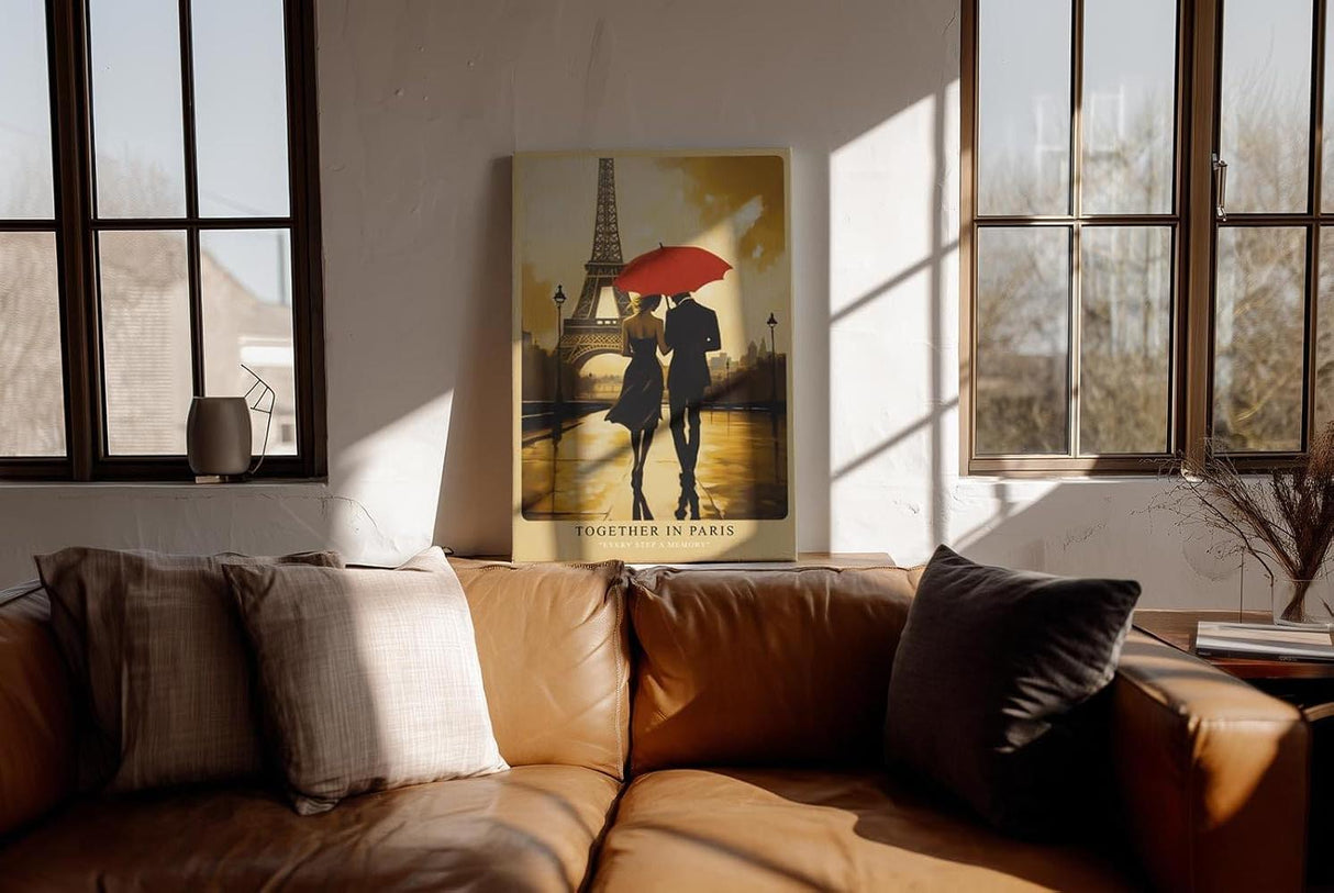 Paul Sinus Wandbild in 40x60cm Together in Paris – romantische Szene eines Paares mit rotem Schirm vor dem Eiffelturm für elegante Raumgestaltung
