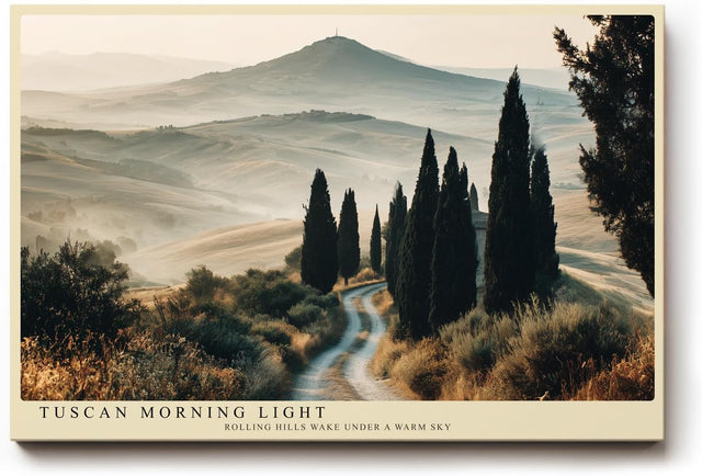 Paul Sinus Wandbild 120x80cm Toskana Landschaft Zypressen Allee italienische Huegel warme Morgenstimmung modernes Landschaftsbild stilvolle Wanddekoration fuer Wohnzimmer Büro