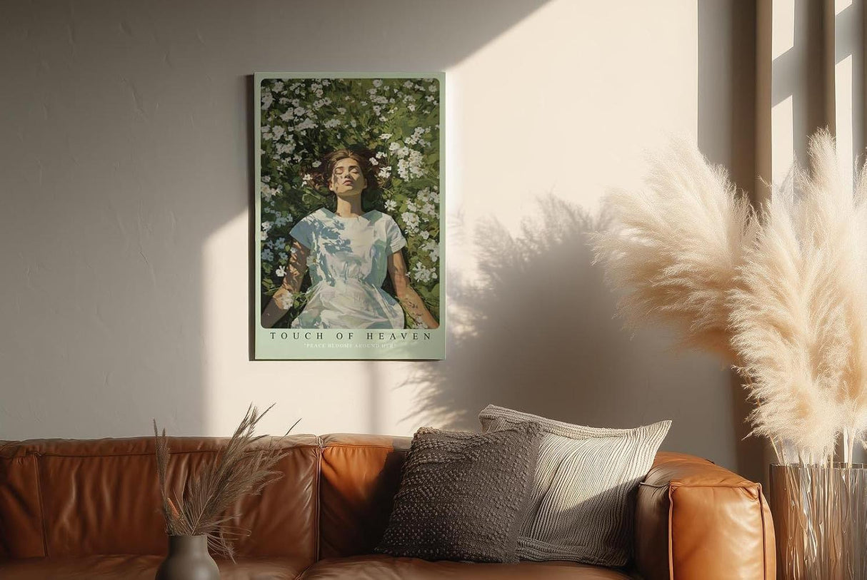 Paul Sinus Wandbild in 40x60cm Touch of Heaven – Sommerliches Porträt einer Frau im weißen Kleid, liegend in einem Meer aus weißen Blumen