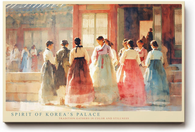 Paul Sinus Wandbild 120x80cm Traditionelle koreanische Hofszene mit Hanbok Gewaendern Kulturelle Kunst in sanften Pastellfarben