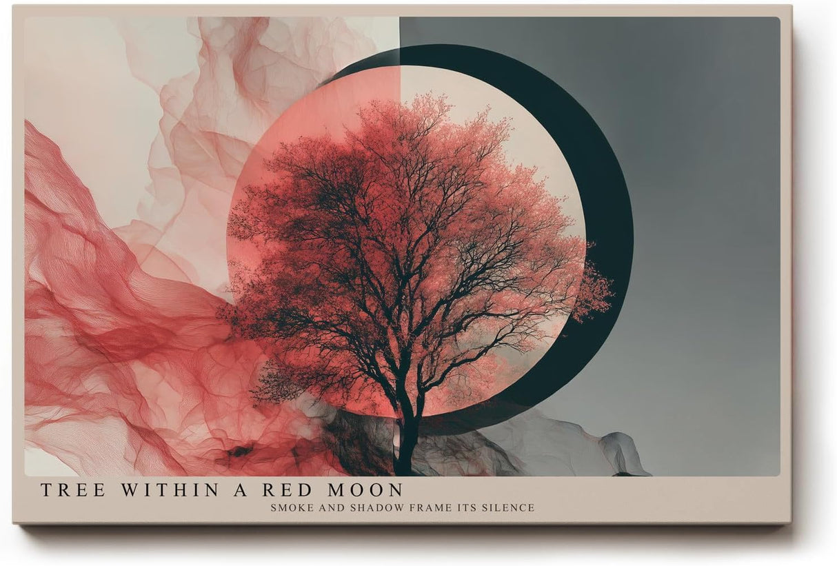 Paul Sinus Wandbild 120x80cm Tree Within a Red Moon moderner Baum mit rotem Mond abstrakte Natur Kunst Poster für Wohnzimmer Schlafzimmer