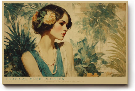 Paul Sinus Wandbild 120x80cm Tropical Muse in Green elegantes Frauenportrait mit Blumen tropische Kunst Poster für Wohnzimmer Schlafzimmer
