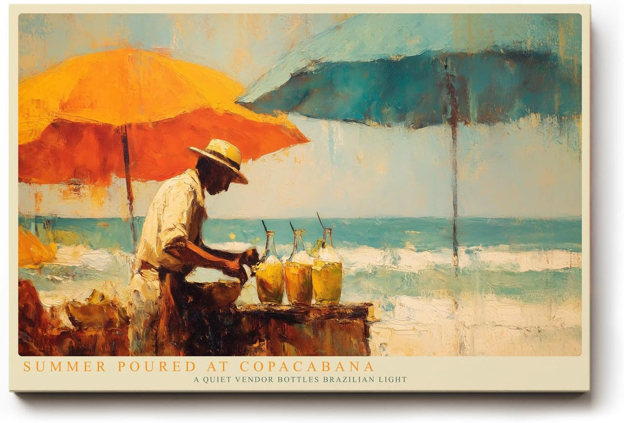 Paul Sinus Wandbild 120x80cm Tropische Strandszene Copacabana mit Sonnenschirmen und Getraenkeverkaeufer Sommerliche Kunst fuer Wohnräume