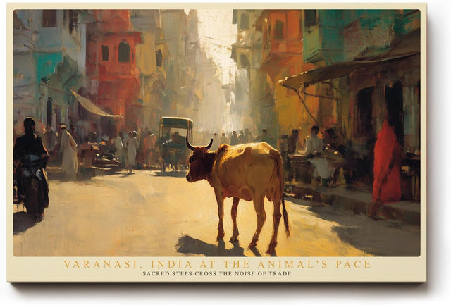 Paul Sinus Wandbild 120x80cm Varanasi Strassenszene Indien Kunstmotiv Traditionelle Stadtlandschaft mit Kuh
