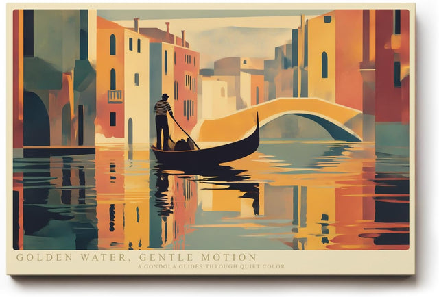 Paul Sinus Wandbild 120x80cm Venedig Gondel bei goldener Wasserreflexion moderne Stadtillustration stilvolle Wanddekoration