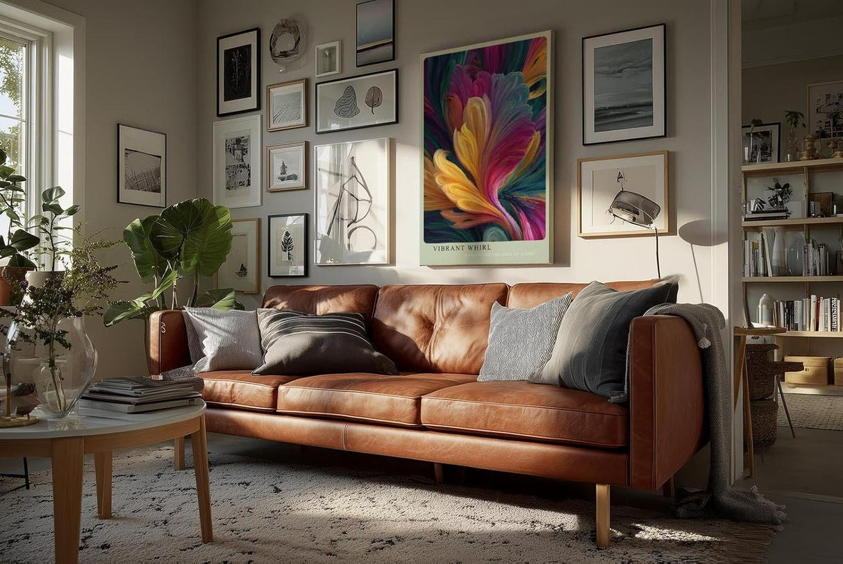 Paul Sinus Wandbild in 40x60cm Vibrant Whirl – Abstrakte Farbexplosion in dynamischen Wirbeln mit leuchtenden Gelb-, Rot-, Blauund Lilatönen