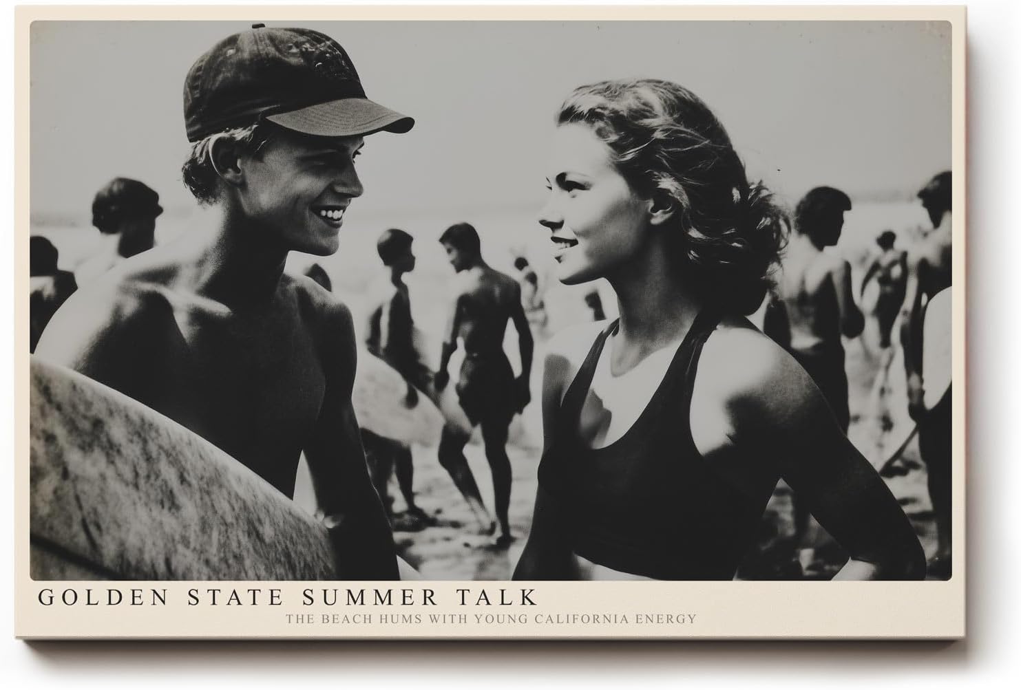 Paul Sinus Wandbild 120x80cm Vintage Strand Szene Surfer Sommer Fotografie Schwarz Weiss moderne Retro Wanddekoration