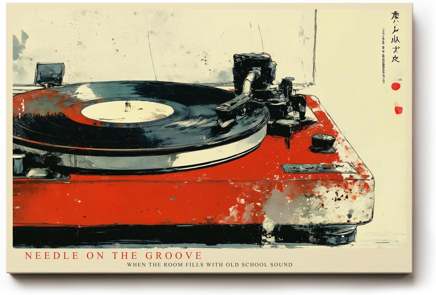 Paul Sinus Wandbild 120x80cm Vinyl Plattenspieler Retro Musik Kunst rot schwarz Vintage Stil moderne Wanddekoration fuer Wohnzimmer Musikzimmer Studio Büro