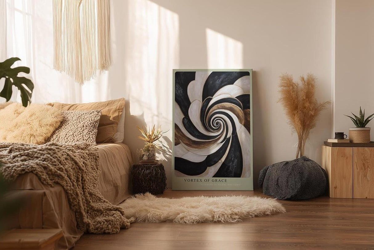 Paul Sinus Wandbild in 40x60cm Vortex of Grace – Abstraktes Wirbelmotiv in Schwarz, Weiß und Gold für moderne Raumgestaltung