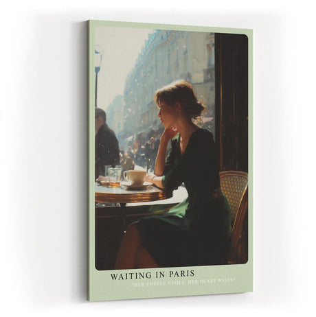 Paul Sinus Wandbild in 40x60cm Waiting in Paris – Ausdrucksstarke Szene einer Frau am Café-Tisch in Paris, nachdenklich ins Straßenleben blickend, moderne Bilder in warmen Farbtönen