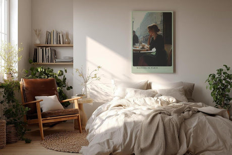 Paul Sinus Wandbild in 40x60cm Waiting in Paris – Ausdrucksstarke Szene einer Frau am Café-Tisch in Paris, nachdenklich ins Straßenleben blickend, moderne Bilder in warmen Farbtönen