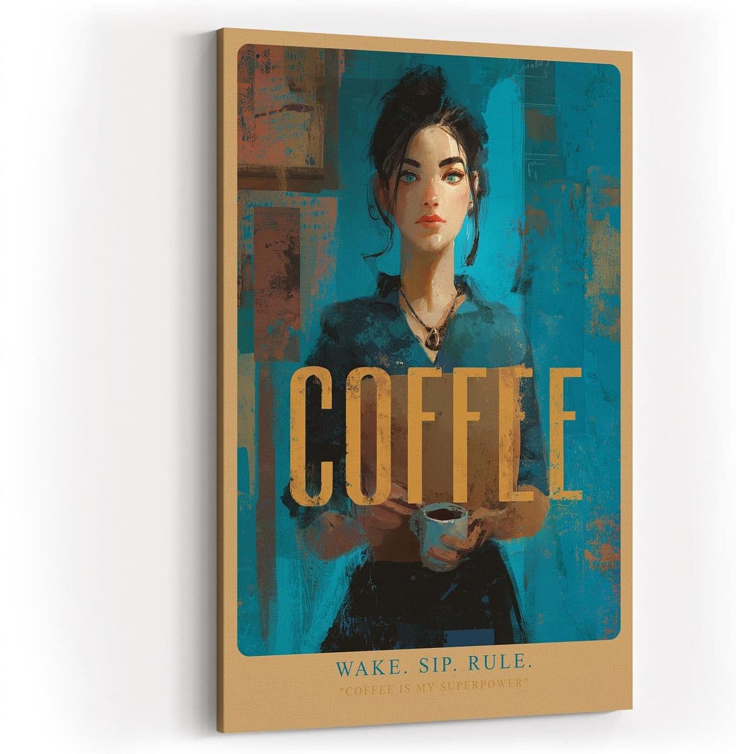 Paul Sinus Wandbild in 40x60cm Wake. Sip. Rule. – modernes Coffee-Art-Porträt in kräftigen Blautönen mit goldener Schrift