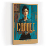 Paul Sinus Wandbild in 40x60cm Wake. Sip. Rule. – modernes Coffee-Art-Porträt in kräftigen Blautönen mit goldener Schrift