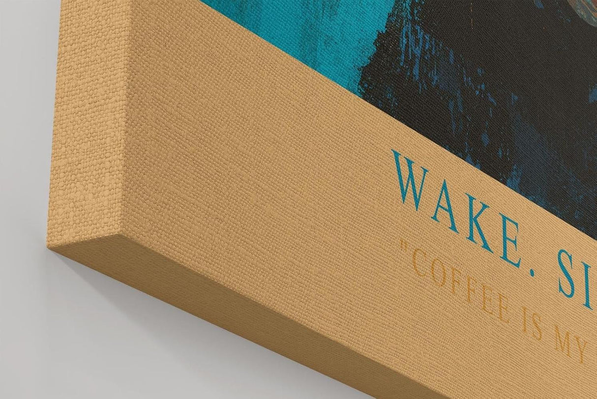 Paul Sinus Wandbild in 40x60cm Wake. Sip. Rule. – modernes Coffee-Art-Porträt in kräftigen Blautönen mit goldener Schrift