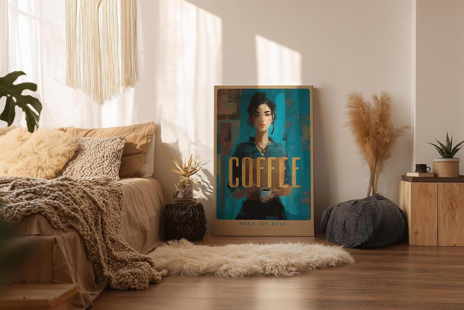 Paul Sinus Wandbild in 40x60cm Wake. Sip. Rule. – modernes Coffee-Art-Porträt in kräftigen Blautönen mit goldener Schrift