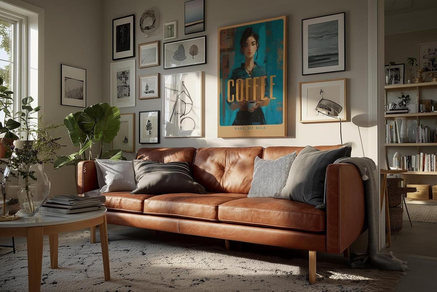 Paul Sinus Wandbild in 40x60cm Wake. Sip. Rule. – modernes Coffee-Art-Porträt in kräftigen Blautönen mit goldener Schrift