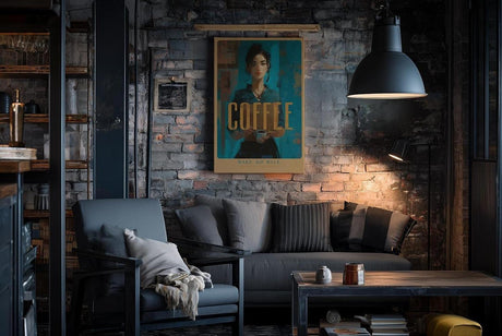 Paul Sinus Wandbild in 40x60cm Wake. Sip. Rule. – modernes Coffee-Art-Porträt in kräftigen Blautönen mit goldener Schrift