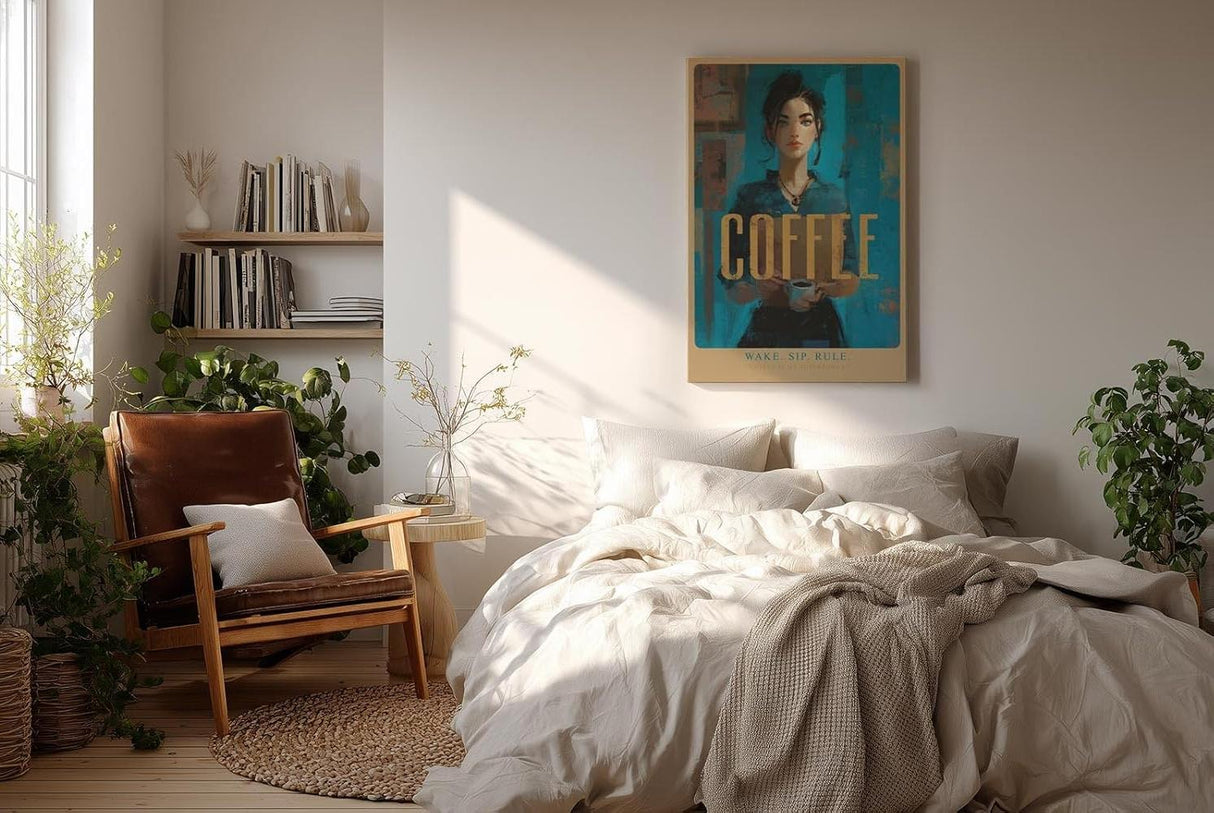 Paul Sinus Wandbild in 40x60cm Wake. Sip. Rule. – modernes Coffee-Art-Porträt in kräftigen Blautönen mit goldener Schrift