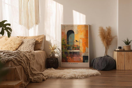 Paul Sinus Wandbild in 40x60cm Walls of Summer – Sonnendurchflutete Hausfassade mit mediterranem Balkon und impressionistischen Farbakzenten