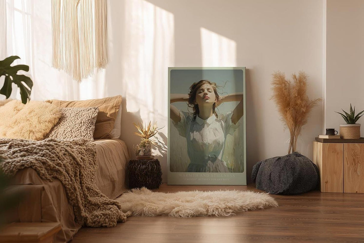 Paul Sinus Wandbild in 40x60cm Warmth and Stillness – Strahlendes Porträt einer jungen Frau im Sonnenlicht, moderne Bilder in sanften Naturtönen, sommerlich und beruhigend