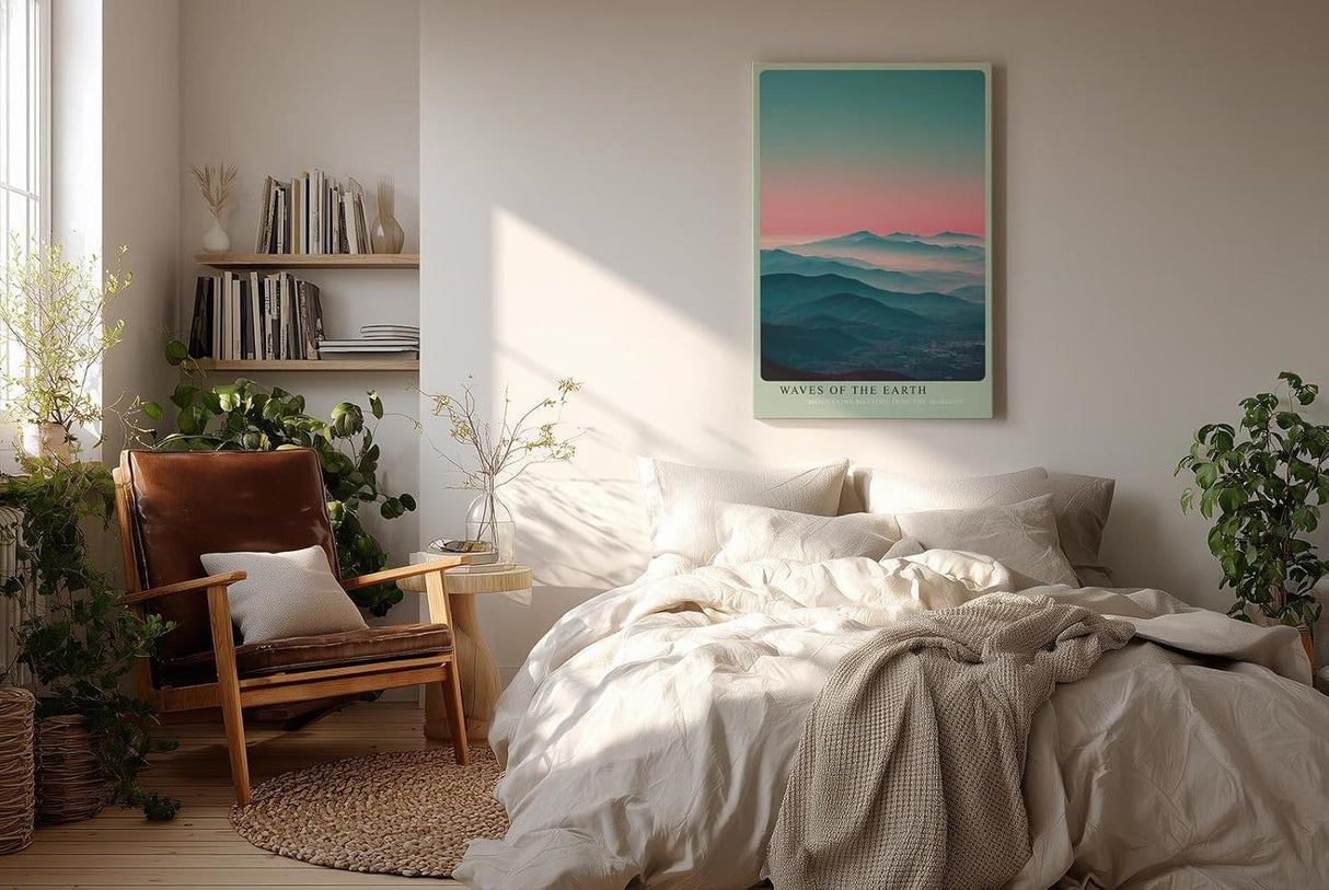 Paul Sinus Wandbild in 40x60cm Waves of the Earth mit wellenförmiger Berglandschaft im Dunst für beruhigende Wandgestaltung