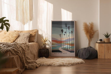 Paul Sinus Wandbild in 40x60cm Way to the Hills – stilisierte Palmenlandschaft mit geschwungenem Weg, moderne Kunst in sanften Pastelltönen