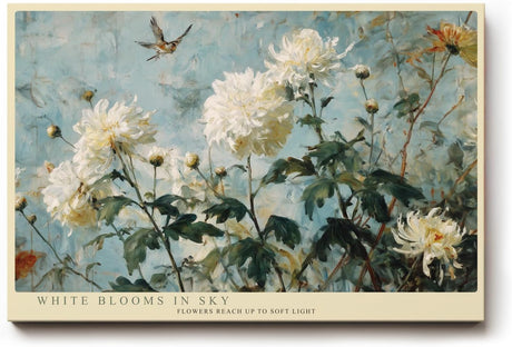 Paul Sinus Wandbild 120x80cm Weisse Gartenblumen gegen Himmel Botanische Kunst in Blau und Weiss Wanddekoration