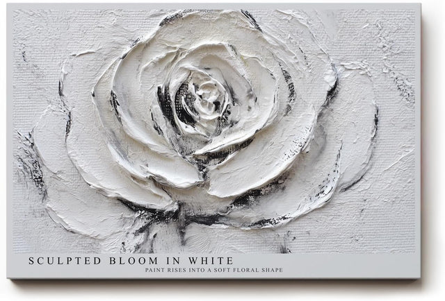 Paul Sinus Wandbild 120x80cm Weisse Rose Relief Blumen Kunst Moderne Strukturmalerei Elegantes Florales Kunstmotiv in Weiss und Grau