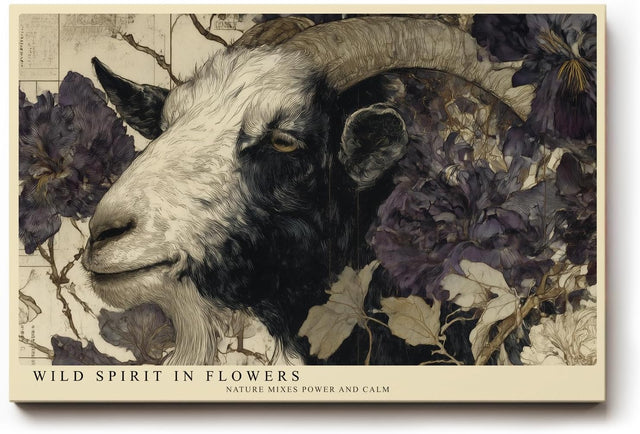 Paul Sinus Wandbild 120x80cm Widder zwischen Blumen – Künstlerisches Tierporträt mit floraler Naturkomposition