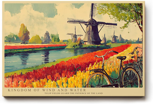 Paul Sinus Wandbild 120x80cm Windmuehlen und Tulpenfelder Holland Landschaft in Rot Gruen und Blau