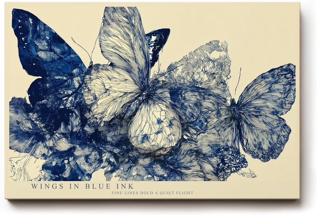 Paul Sinus Wandbild 120x80cm Wings in Blue Ink Abstrakte Schmetterlinge in Blau Tinten Illustration Natur Kunst fuer Wohnzimmer Schlafzimmer und Büro