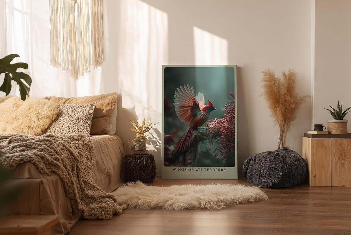 Paul Sinus Wandbild in 40x60cm Wings of Winterberry Eleganter roter Vogel mit ausgebreiteten Flügeln auf Zweig mit Winterbeeren vor sanftem Hintergrund