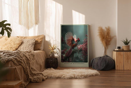 Paul Sinus Wandbild in 40x60cm Wings of Winterberry Eleganter roter Vogel mit ausgebreiteten Flügeln auf Zweig mit Winterbeeren vor sanftem Hintergrund