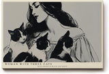 Paul Sinus Wandbild 120x80cm Woman with Three Cats schwarz weiß Illustration Frau mit Katzen Kunst Poster für Wohnzimmer Schlafzimmer