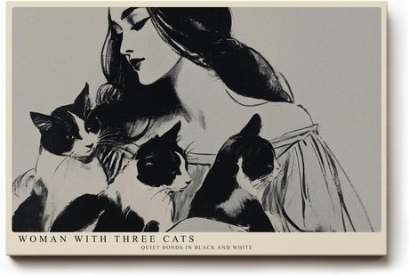 Paul Sinus Wandbild 120x80cm Woman with Three Cats schwarz weiß Illustration Frau mit Katzen Kunst Poster für Wohnzimmer Schlafzimmer