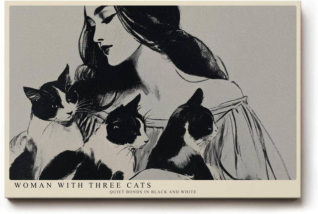 Paul Sinus Wandbild 120x80cm Woman with Three Cats schwarz weiß Illustration Frau mit Katzen Kunst Poster für Wohnzimmer Schlafzimmer