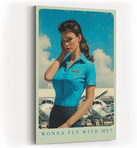 Paul Sinus Wandbild in 40x60cm Wonna Fly With Me mit charmanter Frau im Retro-Stil vor kleinen Flugzeugen für stilvolle Wandgestaltung