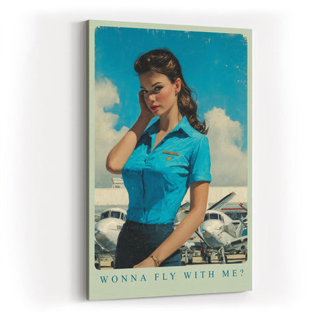 Paul Sinus Wandbild in 40x60cm Wonna Fly With Me mit charmanter Frau im Retro-Stil vor kleinen Flugzeugen für stilvolle Wandgestaltung