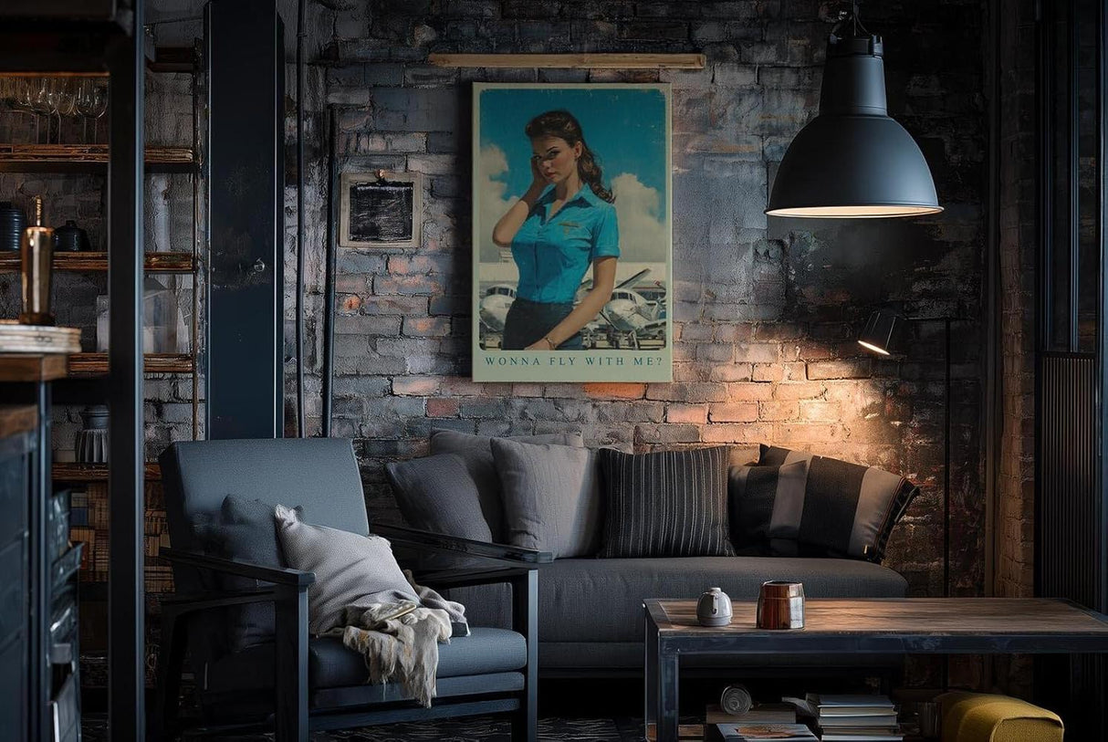 Paul Sinus Wandbild in 40x60cm Wonna Fly With Me mit charmanter Frau im Retro-Stil vor kleinen Flugzeugen für stilvolle Wandgestaltung