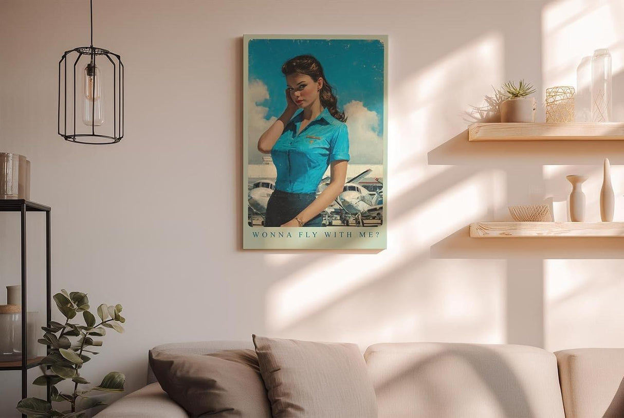 Paul Sinus Wandbild in 40x60cm Wonna Fly With Me mit charmanter Frau im Retro-Stil vor kleinen Flugzeugen für stilvolle Wandgestaltung