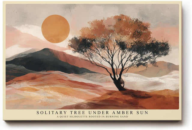 Paul Sinus Wandbild 120x80cm Wuestenlandschaft mit Baum und Sonne Warme Naturkunst in Orange und Beige fuer moderne Wohnräume
