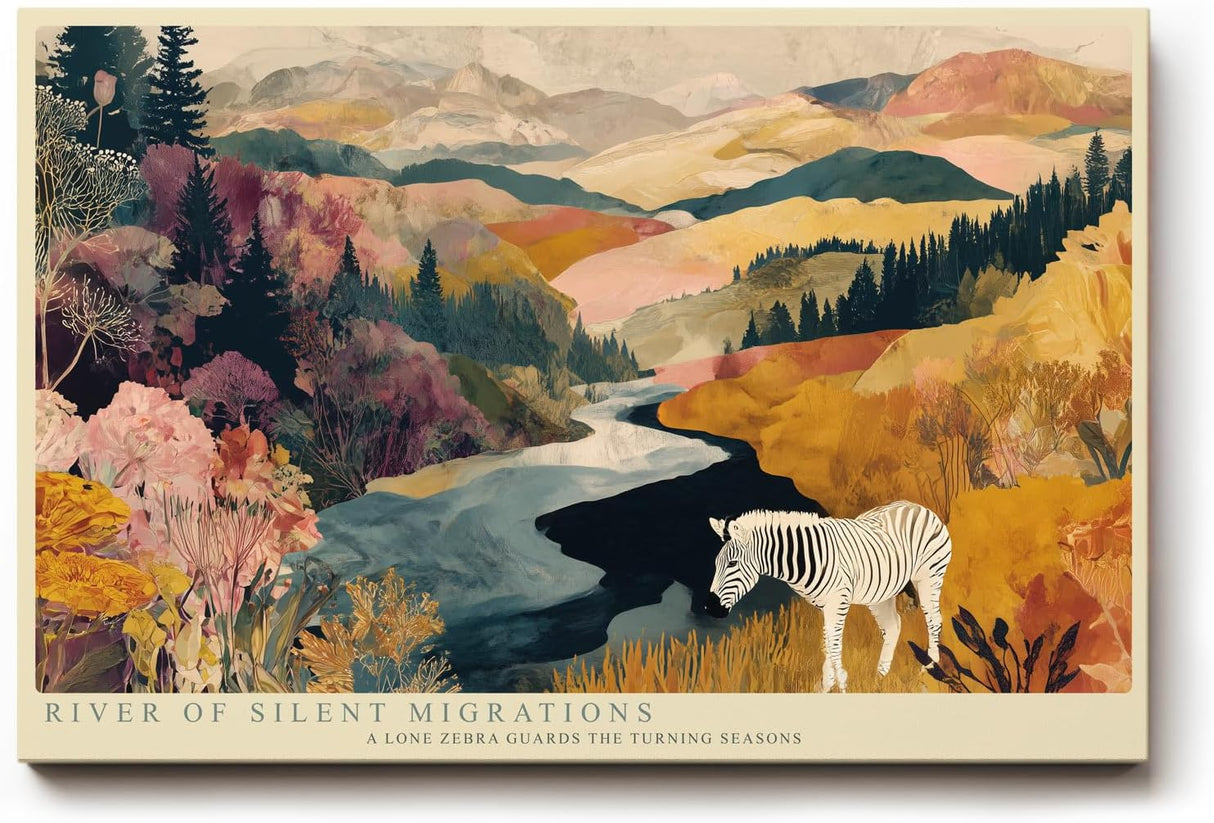 Paul Sinus Wandbild 120x80cm Zebra Landschaft Fluss Natur Illustration moderne Tierkunst Wanddekoration Wohnzimmer Schlafzimmer