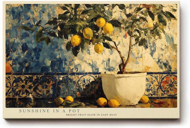 Paul Sinus Wandbild 120x80cm Zitronenbaum mediterrane Stillleben Malerei moderne Obst Kunst Kunstdruck grosses Wandbild 120x80cm sonnige Wanddekoration fuer Kueche Esszimmer Wohnzimmer
