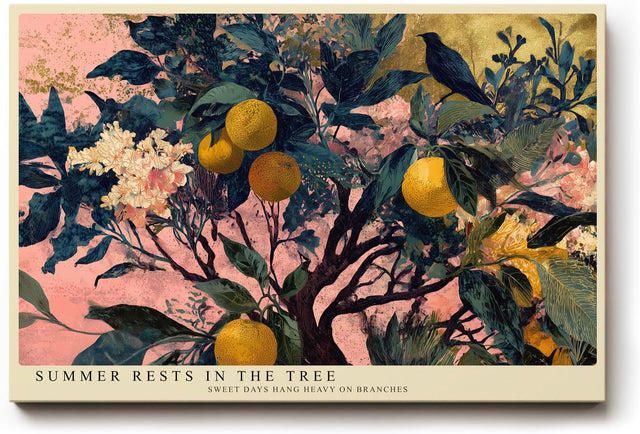 Paul Sinus Wandbild 120x80cm Zitronenbaum mit Vogel Botanische Kunst in Grün Gelb und Rosa für Wohnzimmer Küche Büro
