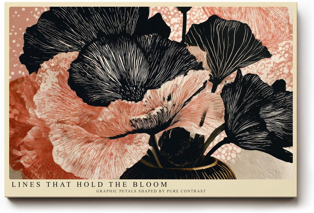 Paul Sinus Wandbild 120x80cm abstrakte Blumen Illustration schwarz apricot grafische Florale Kunst modernes Linien Design stilvolle Wanddekoration fuer Wohnzimmer Büro
