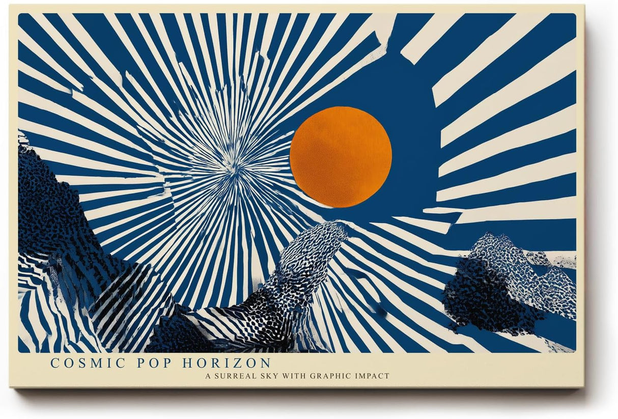 Paul Sinus Wandbild 120x80cm abstrakte Grafik Landschaft mit Sonne Pop Art Stil blau orange modernes Kunstbild grafische Wanddekoration für Wohnzimmer Büro Atelier
