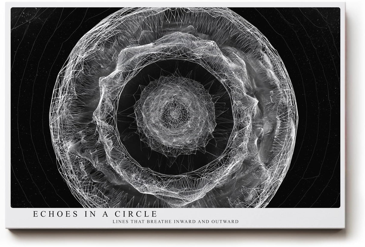 Paul Sinus Wandbild 120x80cm abstrakte Kreisstruktur monochrom moderne Linienkunst schwarz weiss spirituelle Geometrie grosses Kunstbild Wanddekoration fuer Wohnzimmer Büro Flur