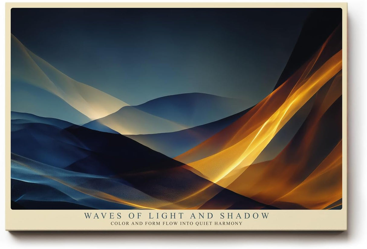 Paul Sinus Wandbild 120x80cm abstrakte Lichtwellen moderne Fluid Kunst blau gold dynamische Formen stilvolle Wanddekoration fuer Wohnzimmer Büro