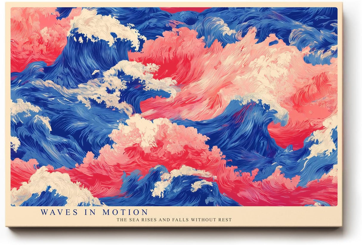 Paul Sinus Wandbild 120x80cm abstrakte Meereswellen blau pink moderne Kunst dynamische Ozean Illustration Wanddekoration fuer Wohnzimmer Büro