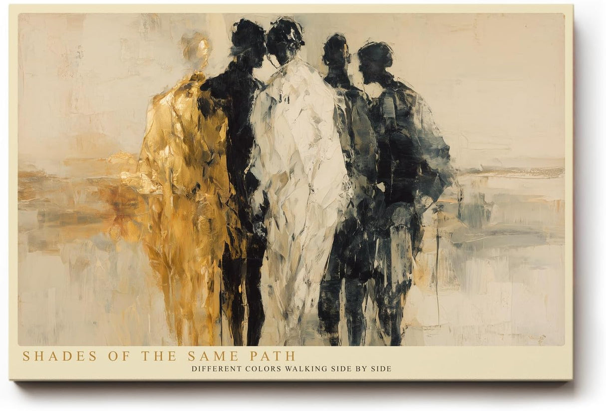 Paul Sinus Wandbild 120x80cm abstrakte Menschen Figuren modern beige schwarz gold Kunst Gemälde minimalistische Figurengruppe stilvolle Wanddekoration für Wohnzimmer Büro Flur